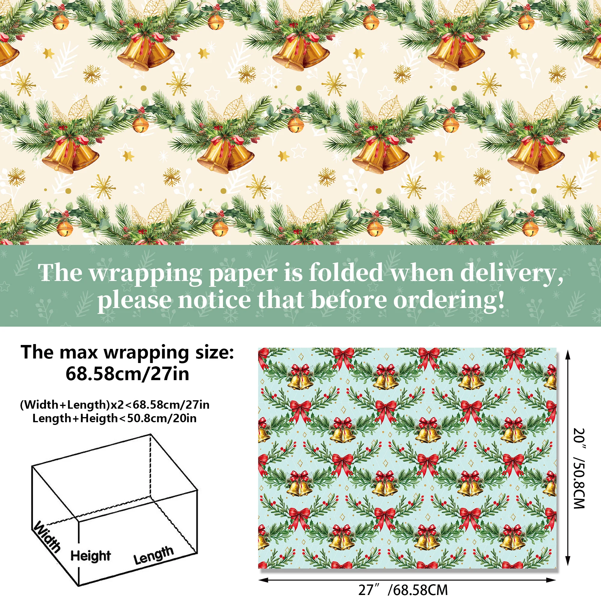 12pcs Festive Merry Christmas Wrapping Paper Holly Bell Christmas Gift Wrap Paper Diy Craft Paper New Year Gift Packing Decor