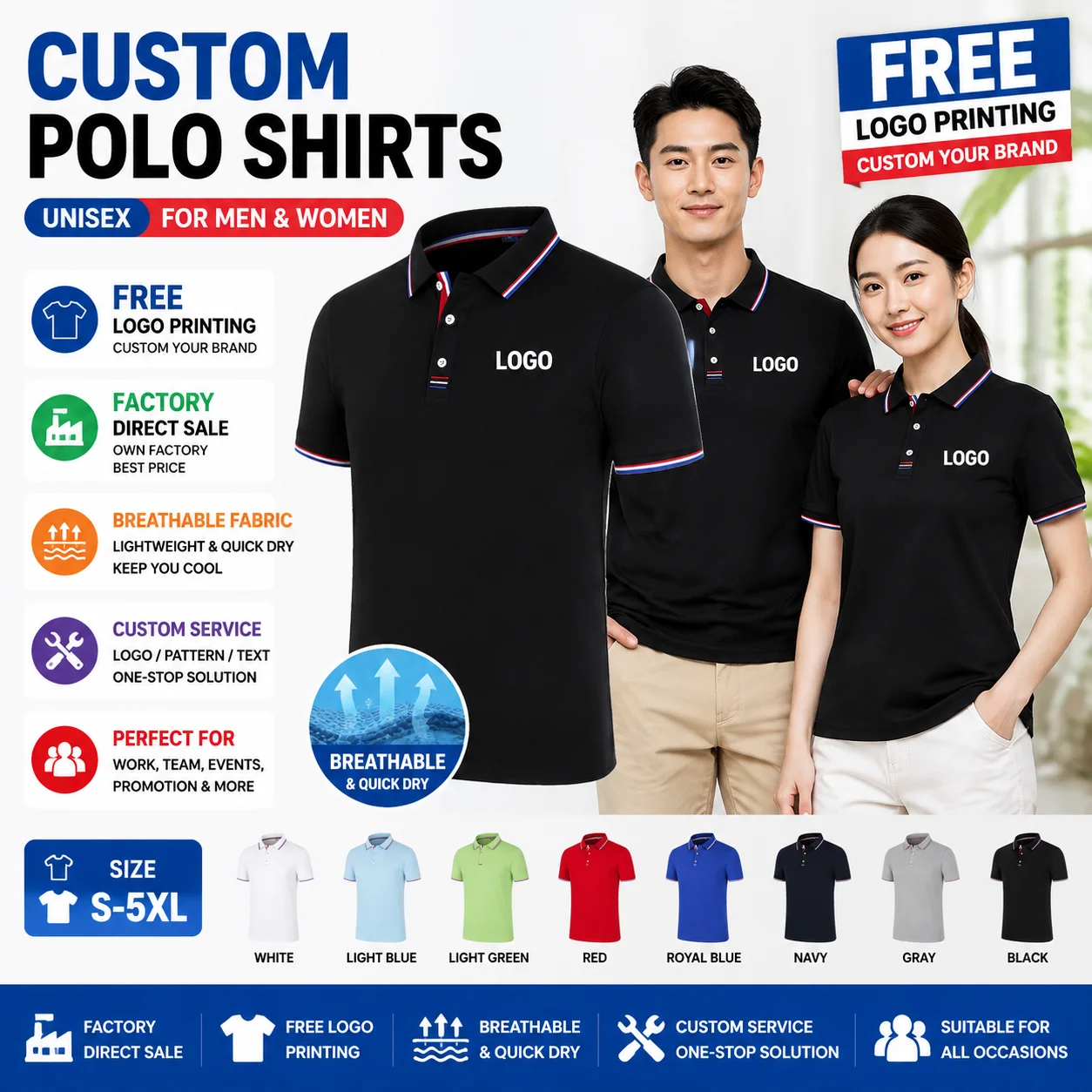 Customized Polo shirts for work uniforms, embroidered and printed patterns and logos, business promotion and cultural T-shirts.