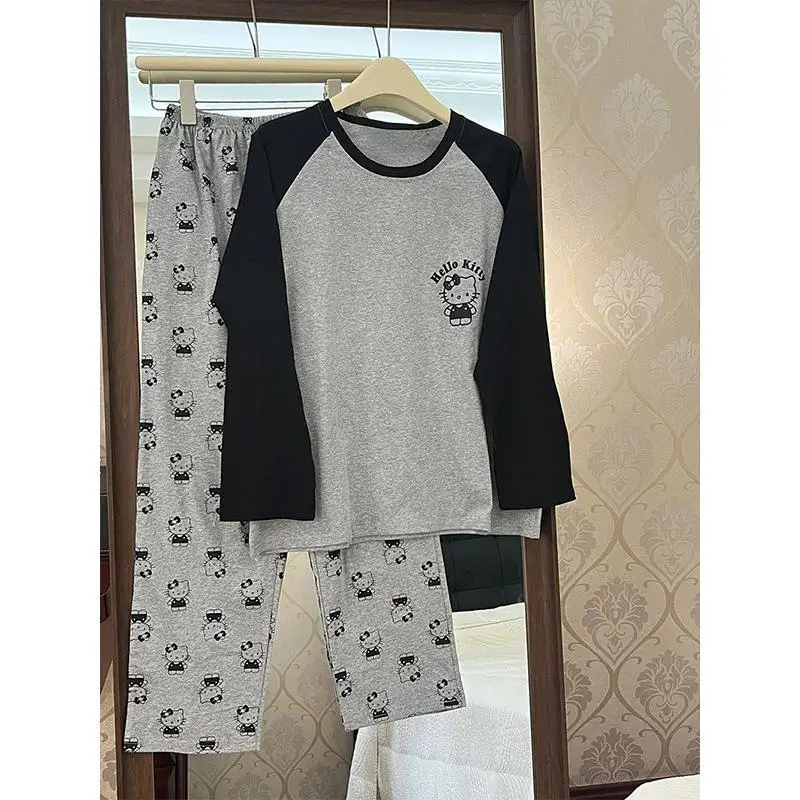 Casual Hello Kittys Spring Autumn Long Sleeved Pajama Set Black Gray Color Long Pajamas Suit Winter Warm Homewear Christmas Gift