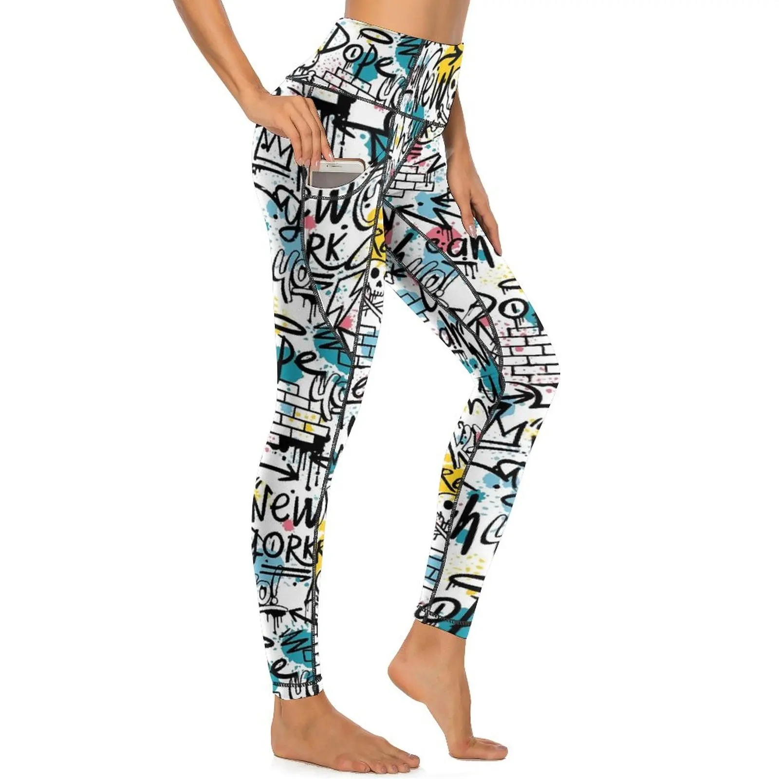 Graffiti Design Yoga Pants Sexy Letter Print Leggings High Waist Fitness Gym Leggins Female Novelty Elastic Sport Legging