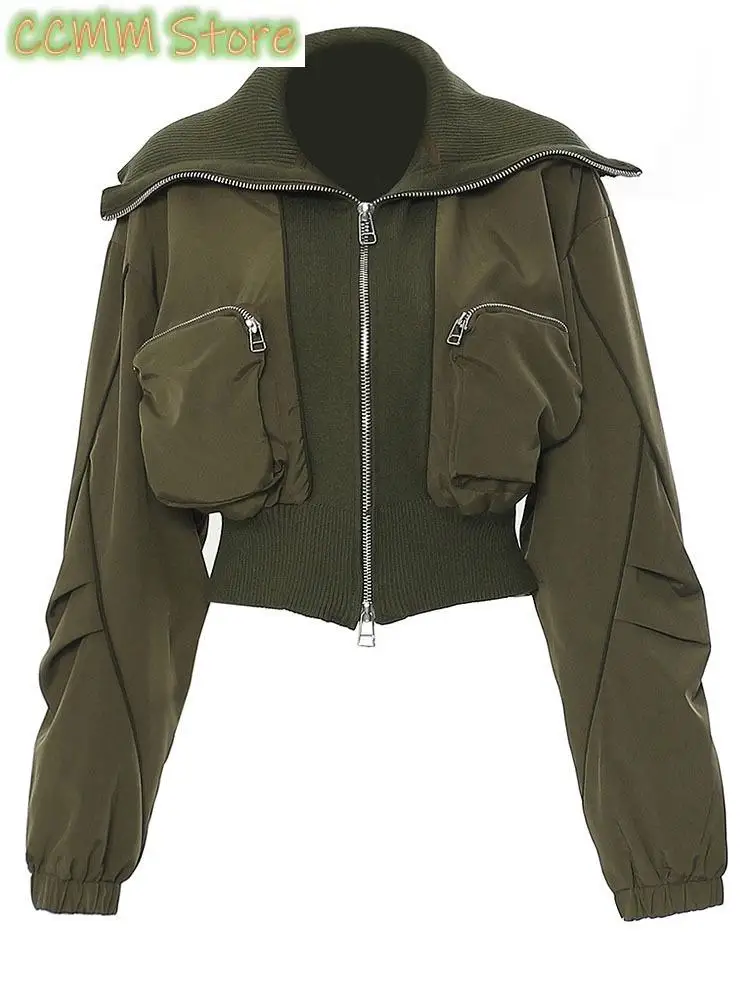 Loose Fit Army Green Big Pocket Casual Jacket New Lapel Long Sleeve Women Coat Fashion Tide Spring Autumn