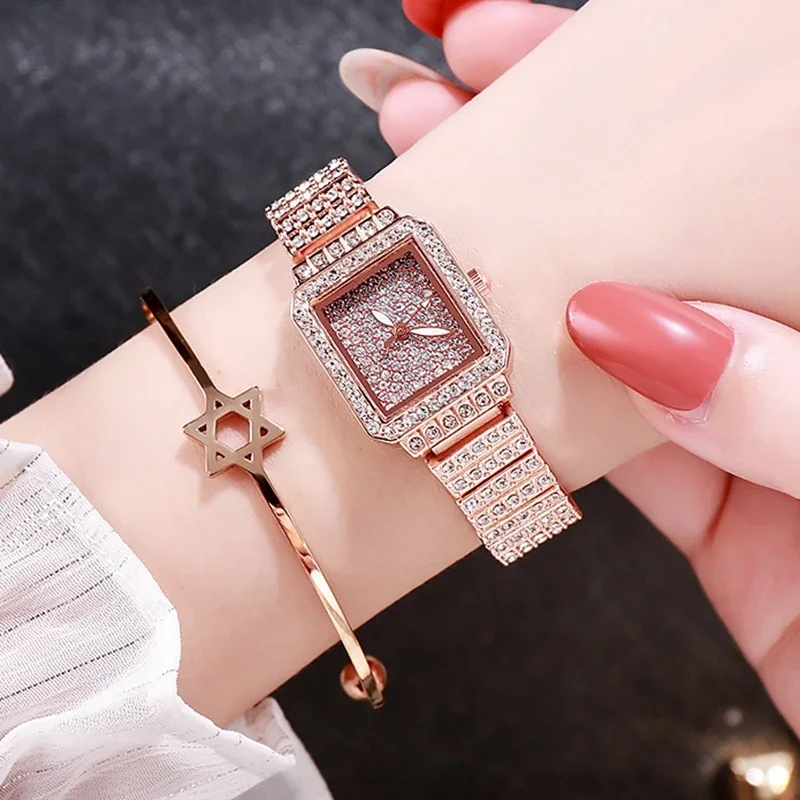 Jam tangan gelang berlian imitasi penuh mewah merek wanita jam tangan wanita berlian persegi jam tangan Quartz hadiah jam tangan wanita jam