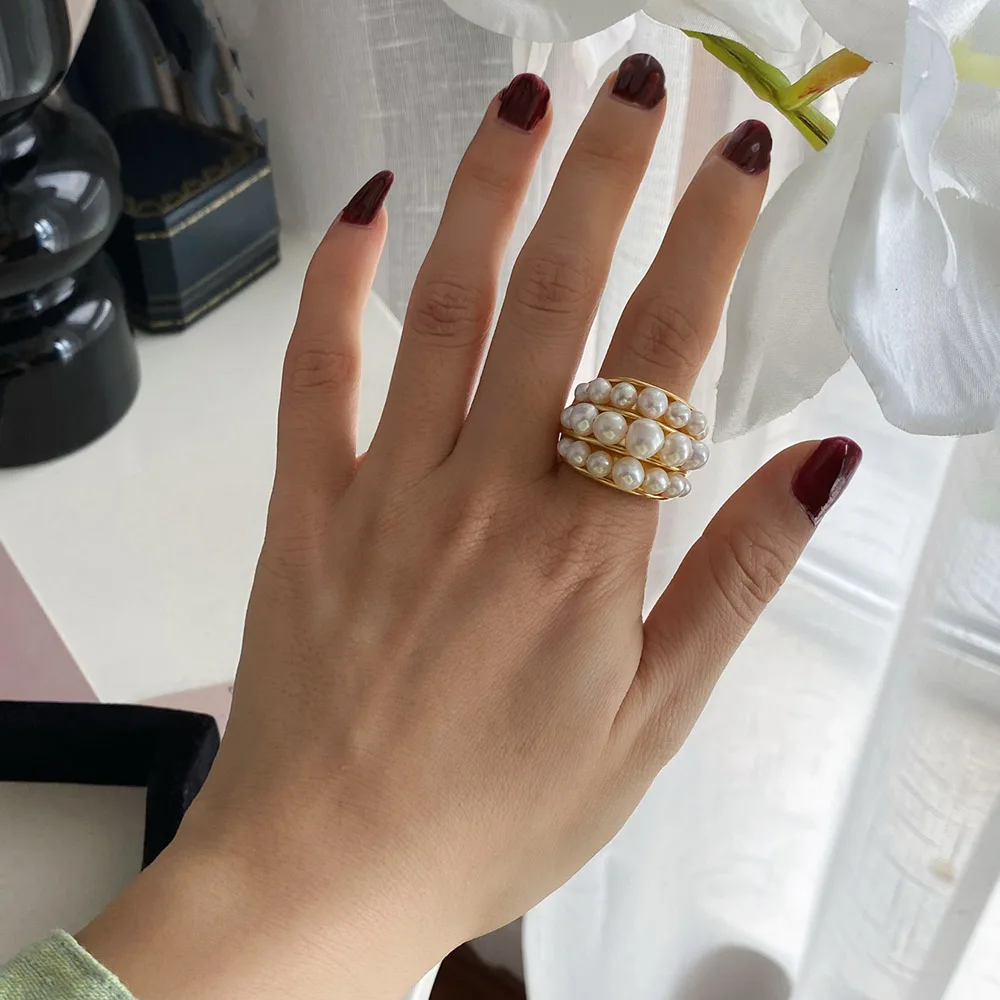 Retro French Classic Natural Baroque Pearl Multi-Layer Ring Luxury gentle lady finger accessory