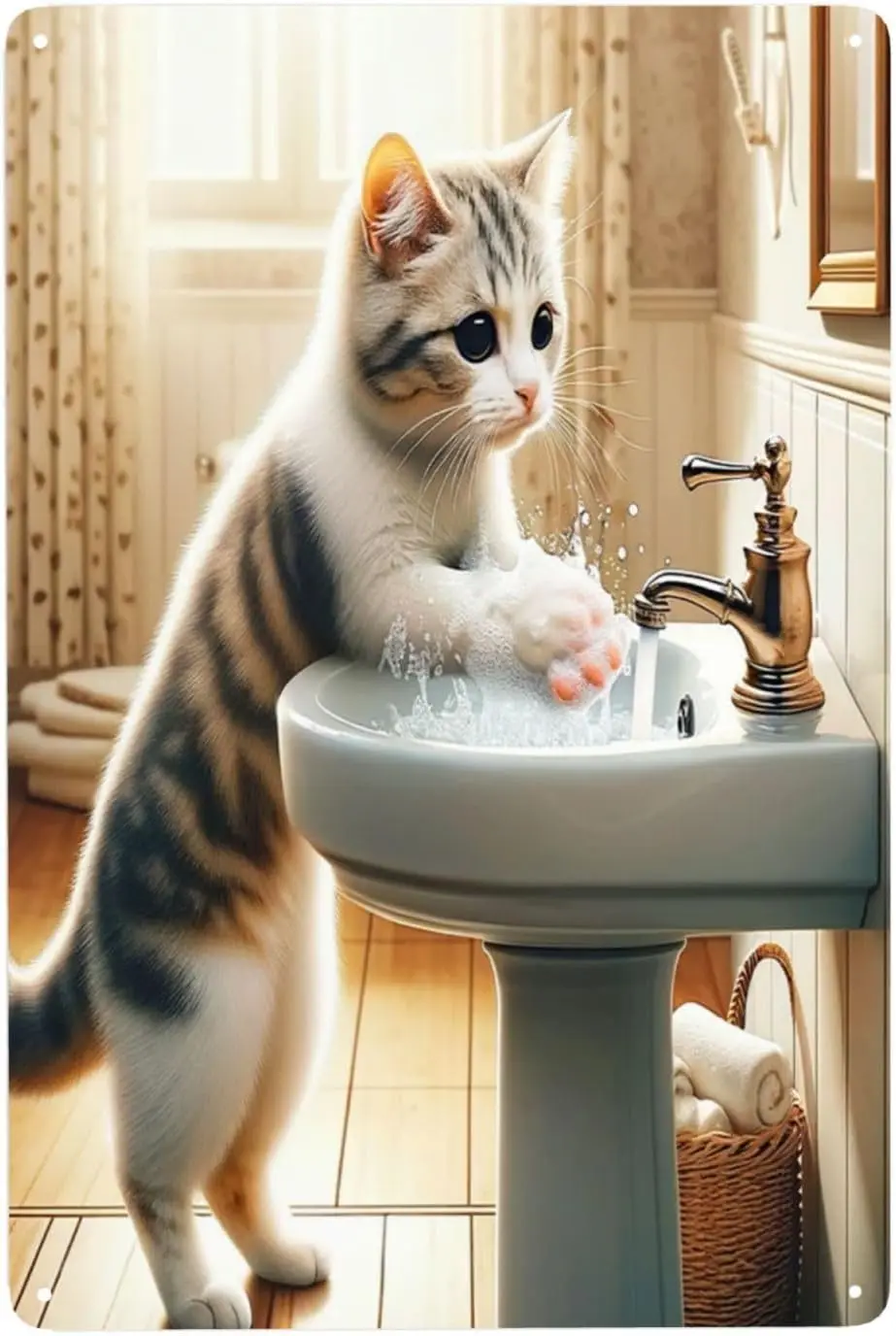 Charming Feline Hygiene Metal Tin Sign Classic Bathroom Decor Art Nostalgic Home Accent Quirky Cat Handwashing Illustration sign