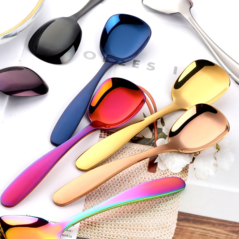 1PC Plat Bottom Spoon Stainless Steel Square Dinner spoons Rice Dinnerware Child Samll Gold Spoon for Ice Cream Dessert Salad
