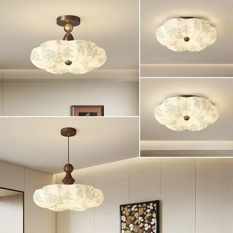 Retro eye protection flower ceiling lamp, antique style living room decoration lamp, walnut wood texture high end chandelier.