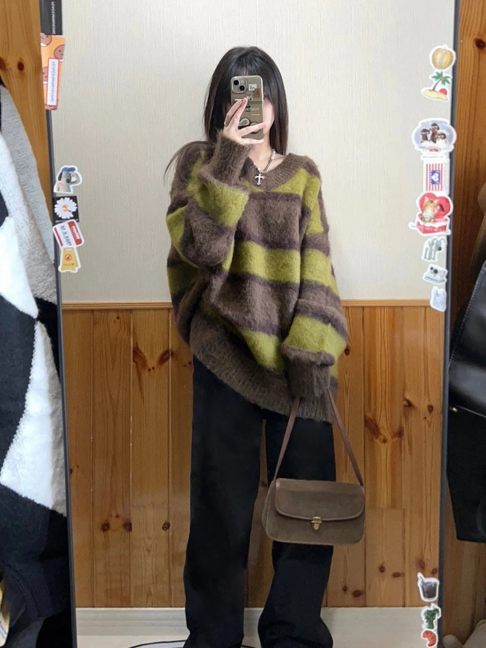 Suéter de Cachemira a Rayas Suaves de Estilo Retro Informal para Mujer, Otoño Invierno, Prenda de Punto Hoada de Visón, Rop...