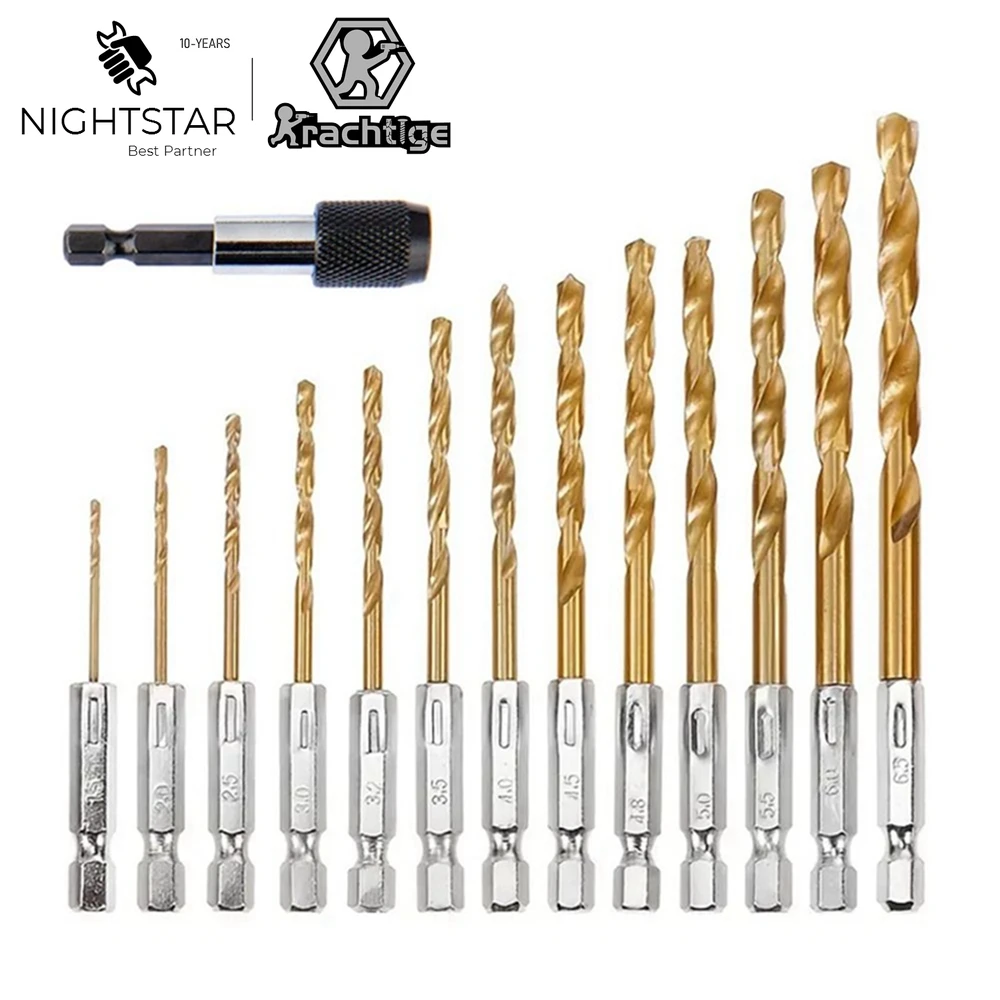 

14Pcs Titanium HSS Coated Twist Drill Bit Set 1/4 Hex Shank 1.5mm to 6.5mm + Quick Release Screwdriver Bit