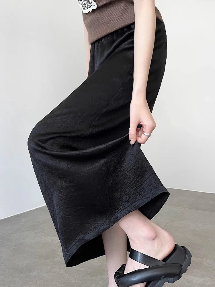 Black Textured Pleated Vintage Half Skirt Women's High Waist A-Line Midi Split Skirt Summer High Elastic Waist Straight Cut