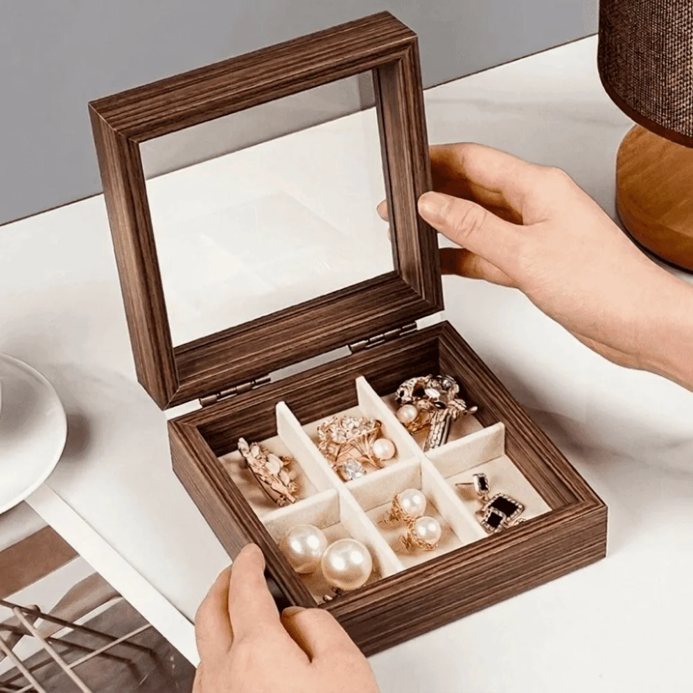 Glass Lid Wood Jewelry Box Velvet Interior Dust-proof Jewelry Organizer Durable Convenient Ring Display Holder Dressing Table
