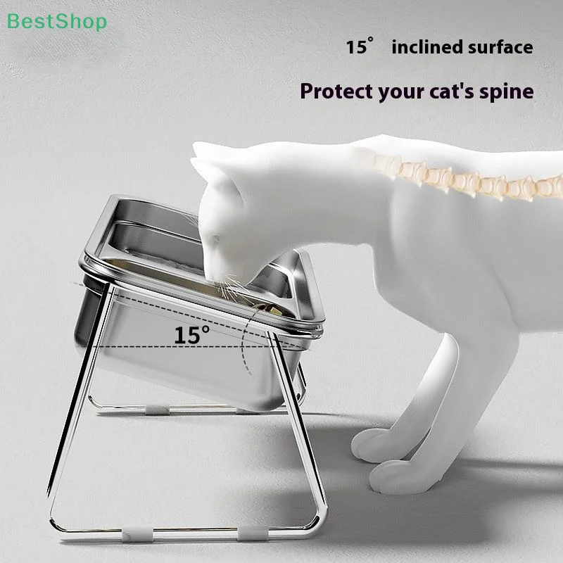 Stainless Steel Double Compartment Pet Feeding Bowl Slanted Anti Cervical Spondylosis For Cats And Dogs Dual Use Free shipping