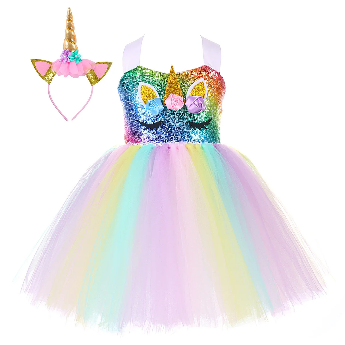 

Girls Unicorn Dress Children's Sequined Costume Dress Rainbow Color Suit for Girls Birthday Dance Party 1 to 12 Years Old