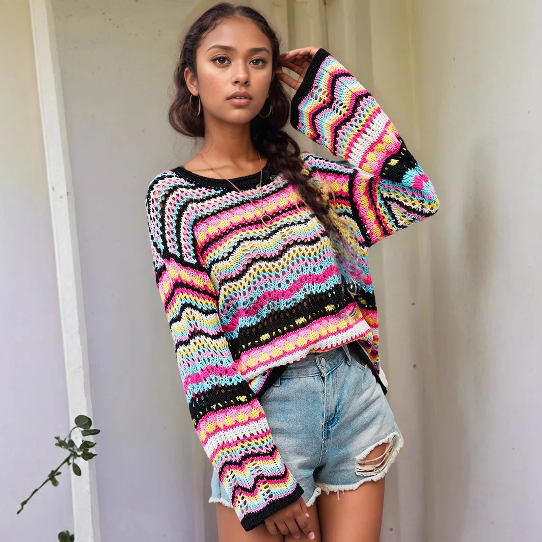 2025年新作 パッチワークニットセーター ルーズカラーブロック ラウンドネック ストライプセーター レディース