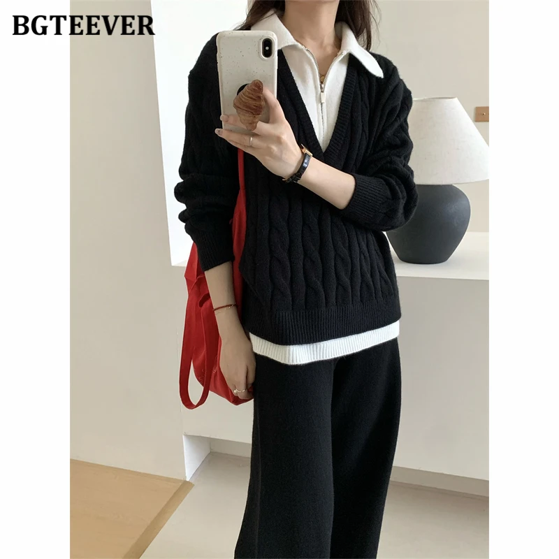 BGTEEVER Autumn Winter Warm Loose Women Knitted 2 Pieces Set Long Sleeve Patchwork Sweaters & Wide Leg Pants Female Tracksuits