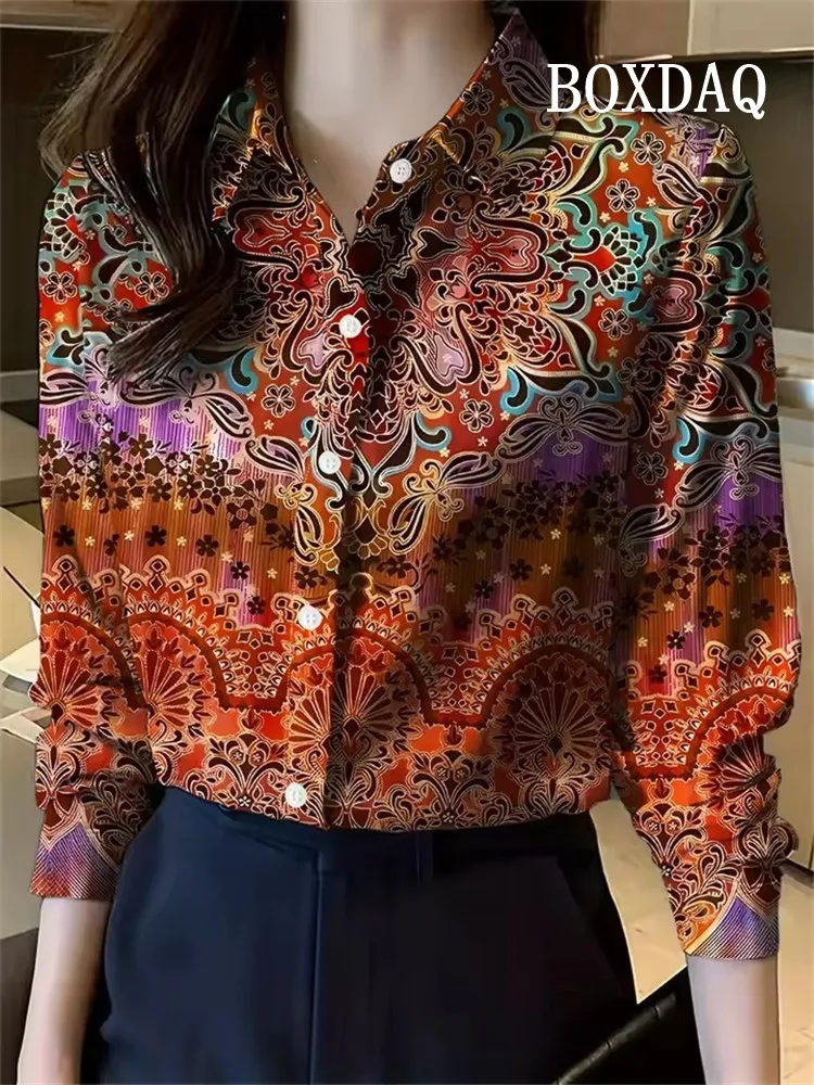 New Spring And Summer Ladies Shirt Long-sleeved Lapel Design Cashew Flower Pattern 3D Printing Daily Style Elegant Fashion Shirt
