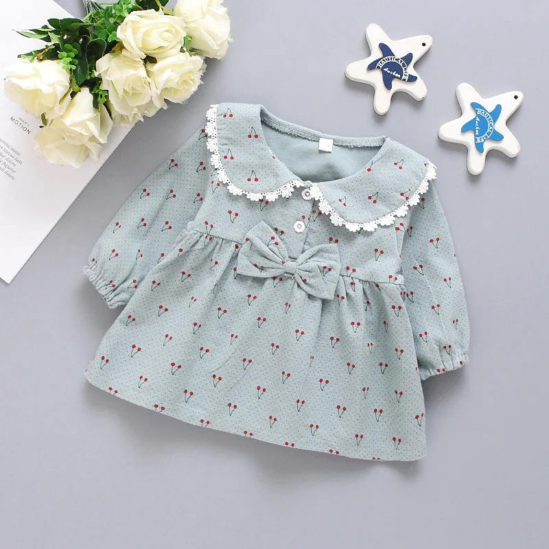 Spring and Autumn Girl Long sleeved Top Children\'s Cherry Print Lace Doll Neck Clothes Girl Bow Top