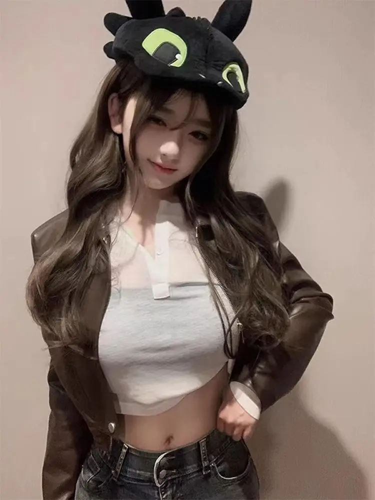 Jaqueta Curta Fena Marrom de Couro PU Estilo Motocicta Moda Retrô Primavera Outono Casaco Slim Fit Manga Longa com Zíper