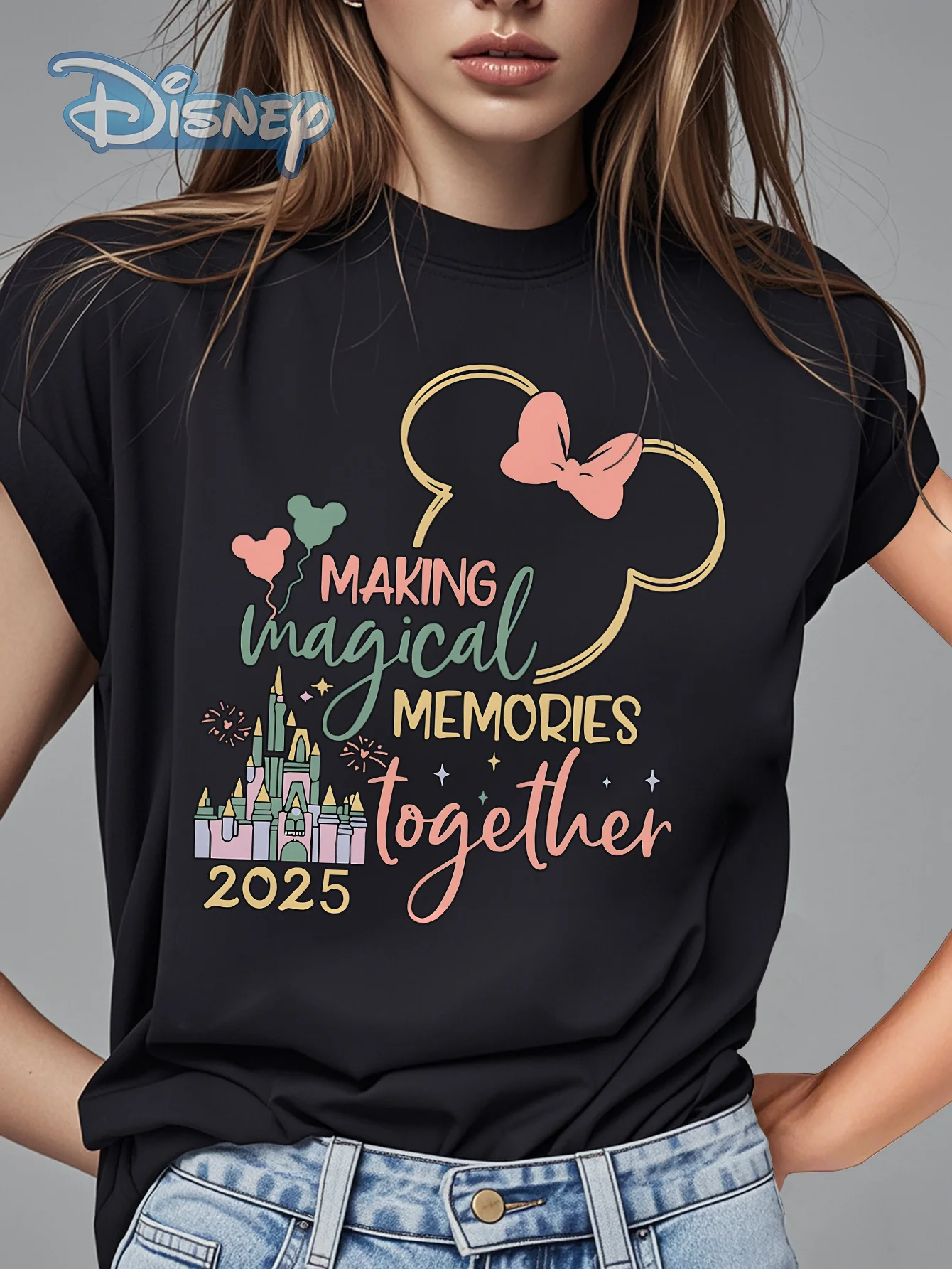 

Новинка 2023 года, женская одежда, повседневная футболка Disney из чистого хлопка с короткими рукавами и круглым вырезом в стиле ретро, уличный колледж, стиль Y2K, Harajuku