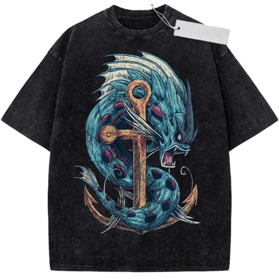

Футболка унисекс черная винтажная с эффектом потертости, с принтом морского синего дракона и якоря, в ретро-стиле, из высококачественной ткани, для повседневной носки и шопинга