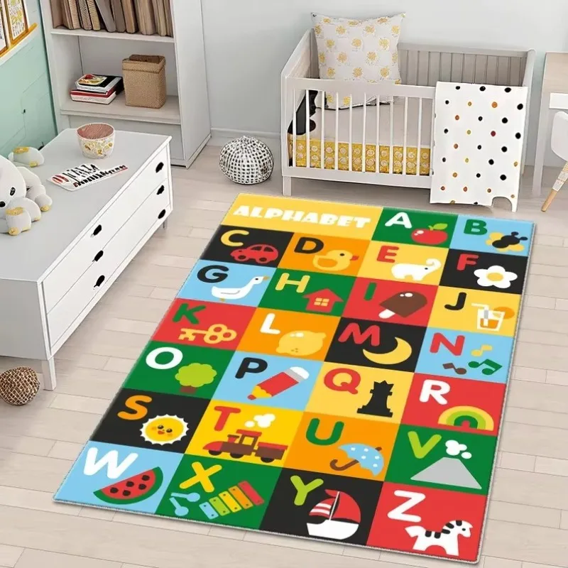 Colorful Alphabet Number Print Flannel Rug with Cartoon Educational Pattern for Living Room Bedroom Cute Home Floor Decoration
