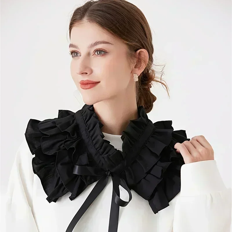 Retro Multi-Layer Lace Collar Fake Necktie Adjustable Standing Collar Decorative Cape Cloak Wrap Overcoat