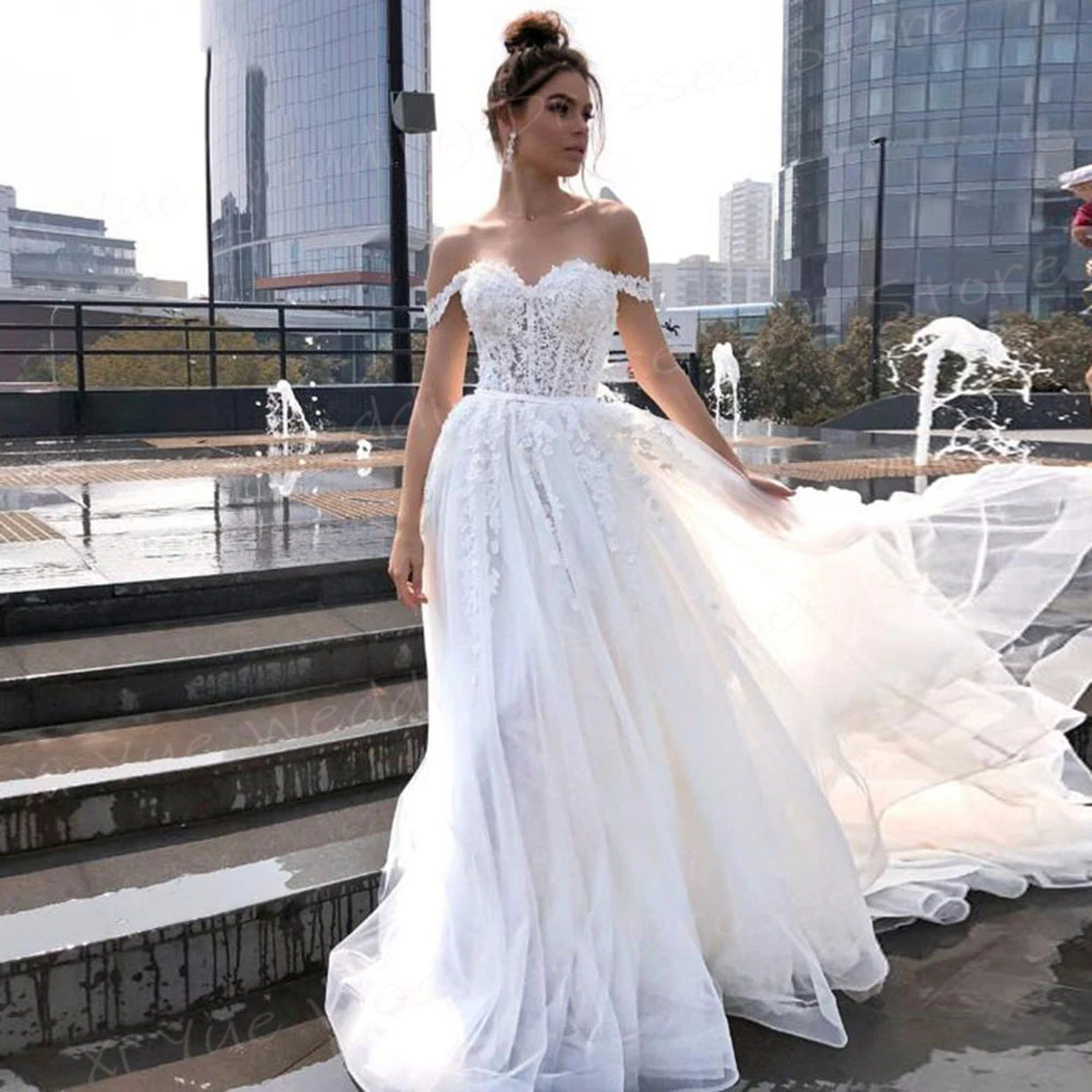 

Boho Graceful Sweetheart A Line Women's Wedding Dresses Lace Appliques Bride Gowns Charming Off The Shoulder فساتين حفلات الزفاف