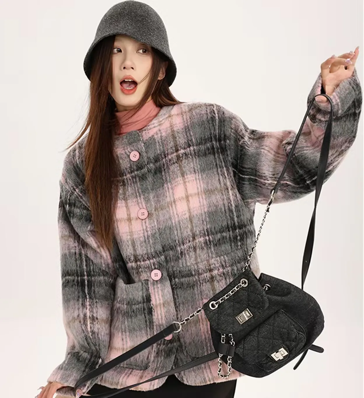 

Шерстяные пальто, женское шерстяное пальто, утолщенное клетчатое осеннее замшевое пальто с воротником-стойкой, классический стиль, школьные мероприятия, нежные свободные Ins