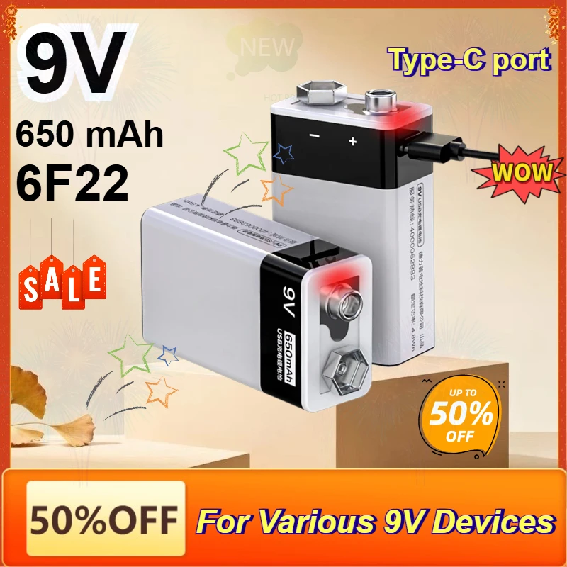 9V Square 6F22 650mAh 9 Volt USB Rechargeable Lithium Battery for Guitar Microphone Multimeter Toy Various 9V Devices