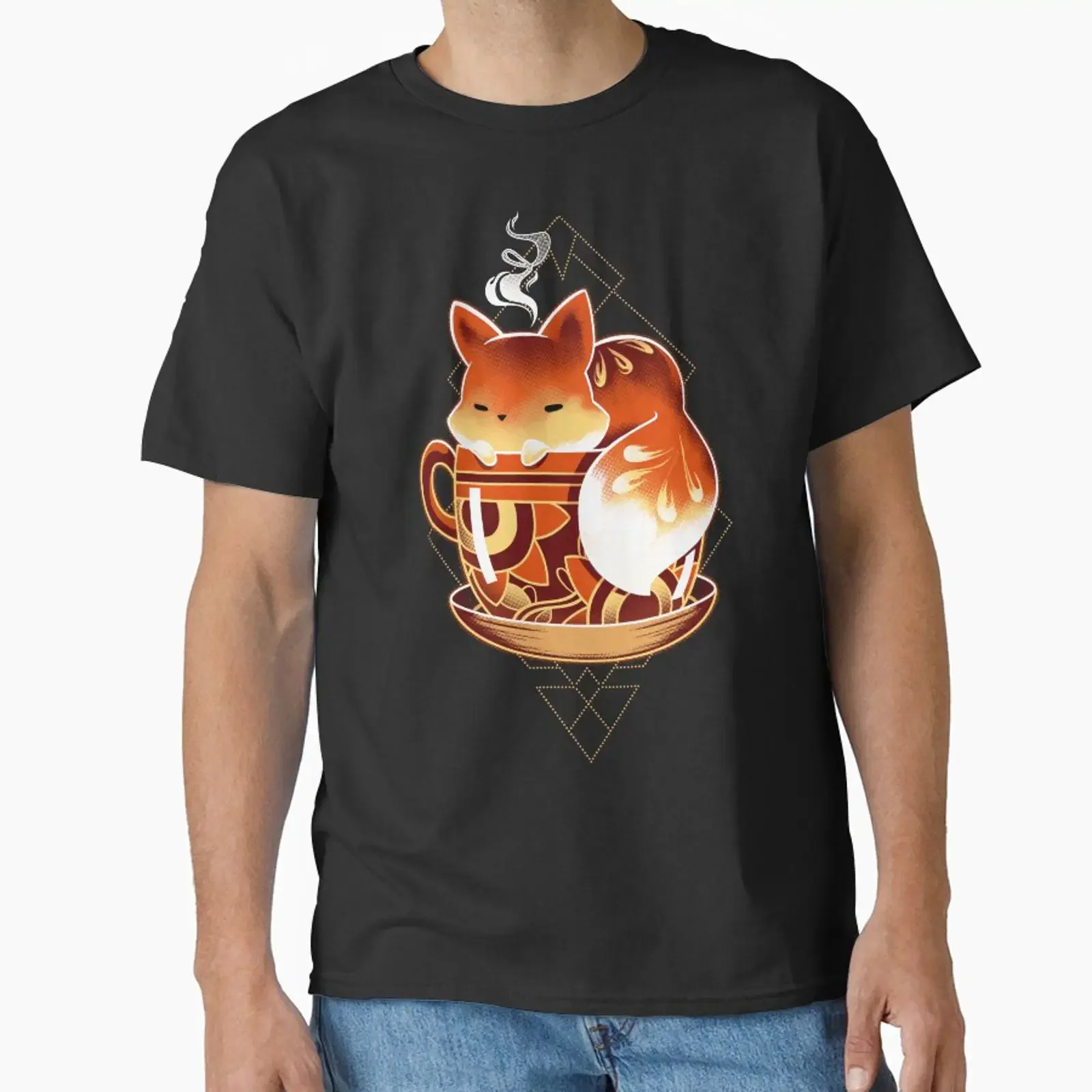 Cup of Fox Cute Coffee Animal Classic T Shirt vintage Washed Slightly Top For Everyday Wear Unisex Stretched graphic Soft