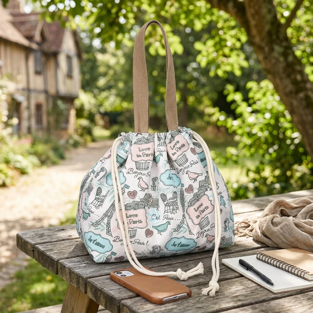 1pc Bucket Bag Waterproof Canvas for Daily Use Ethnic Print Drawstring Tote Handbag Casual Shoulder Purse Lightweight Durable