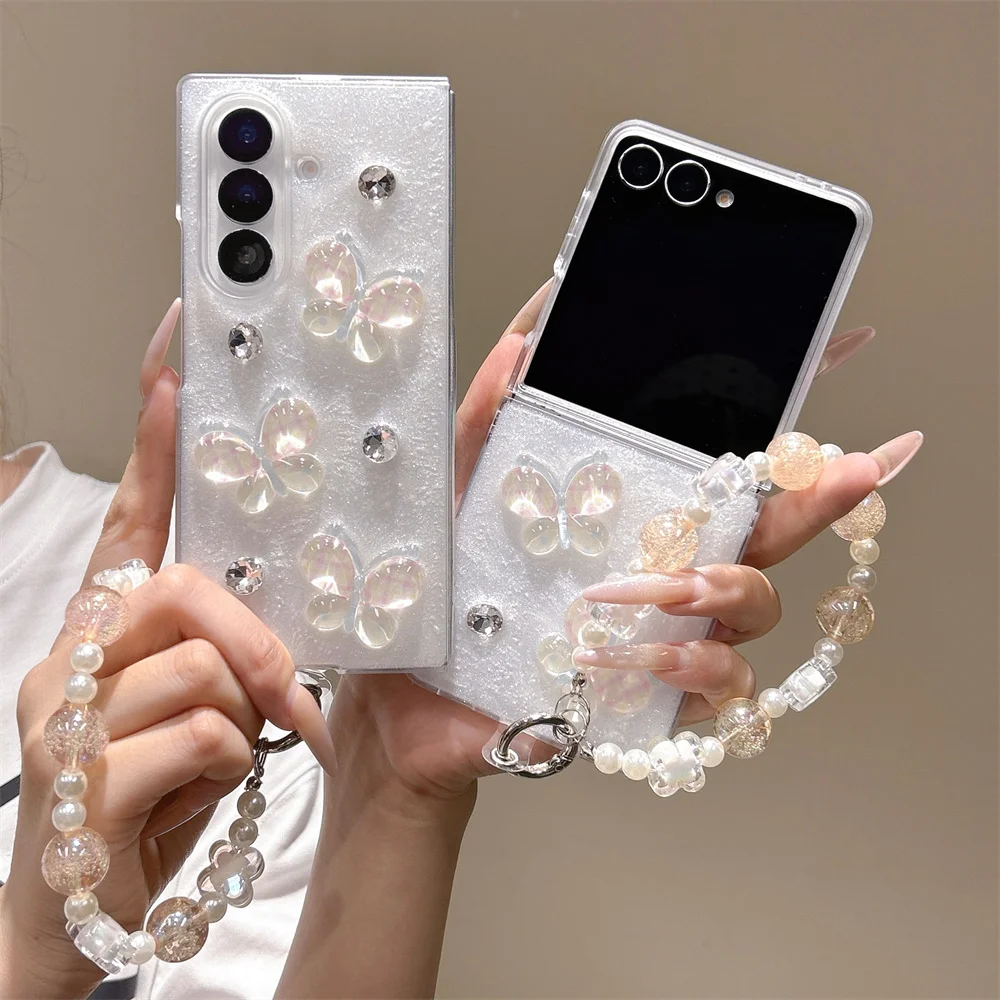 Cute 3D Plaid Butterfly Sparkly Glitter Phone Case for Samsung Galaxy Z Fold 7 Crystal Bead Wrist Strap Cover for Z Flip 7-3