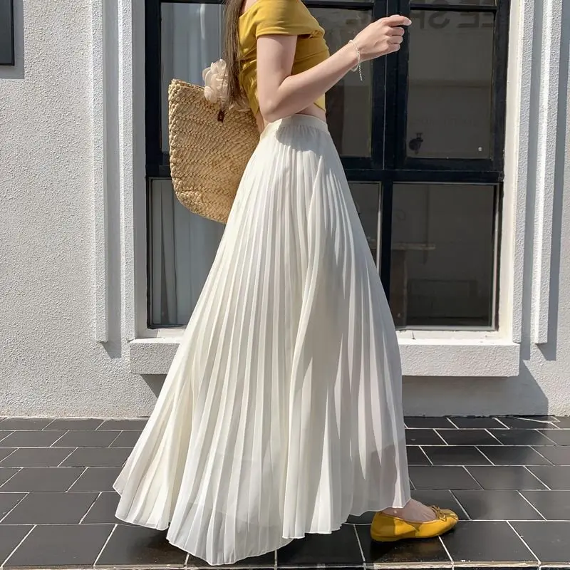 Wrinkled White Black Pleated Skirt Women Chiffon Skirt French Chic Casual High Waisted A-Line Maxi Long Skirts falda plisada