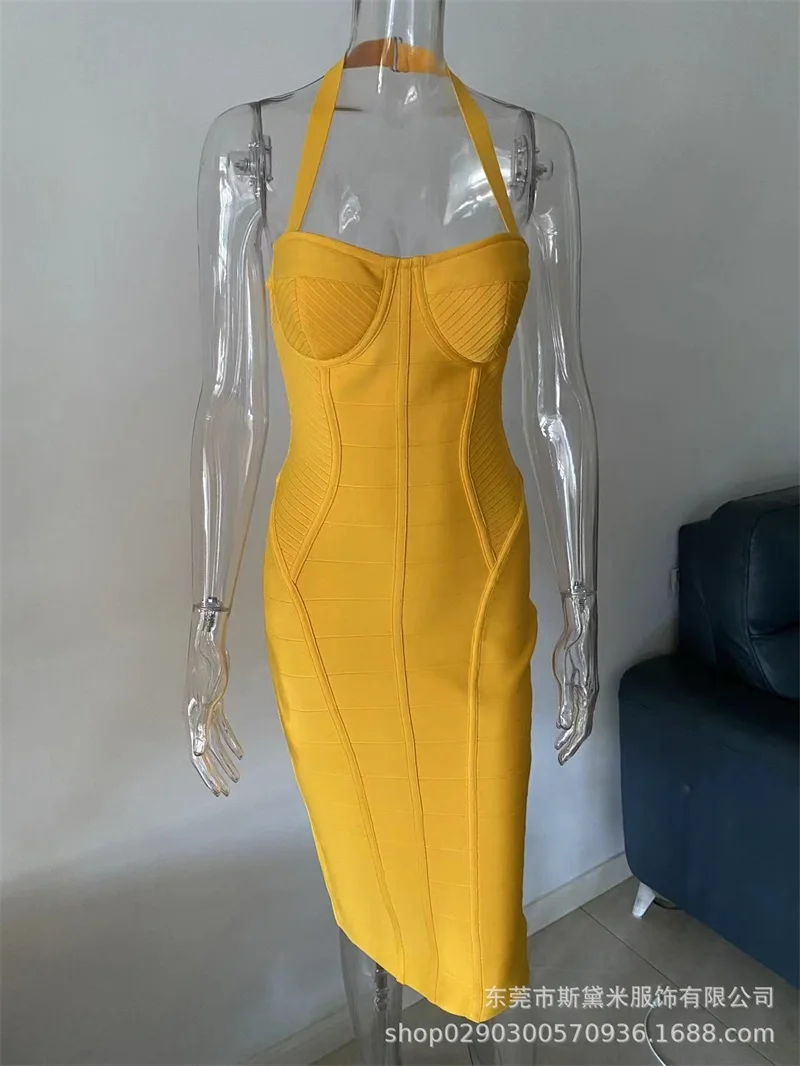   فستان ضيق مثير برقبة رسن صفراء لعام 2025 فستان كوكتيل عميق بدون ظهر مع خطوط عمودية أنيق بدون أكمام للحفلات #3