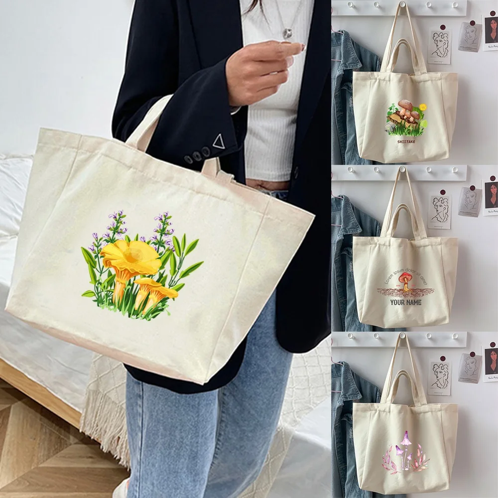 

Women Canvas Shoulder Bag Mushroom Print Ladies Casual Handbag Tote Bag Reusable Large Capacity Shopping Beach Bag