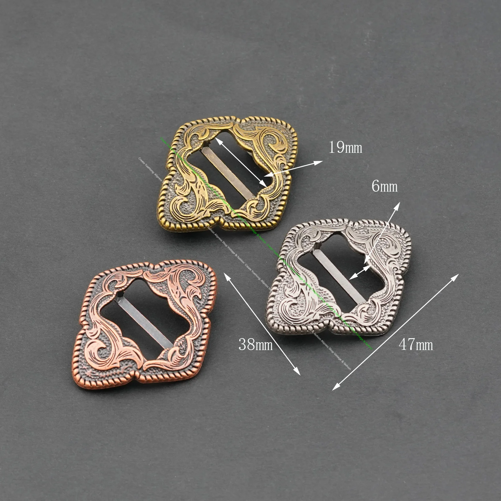6X Antique Western Cowboy Flower Engraved Leathercraft Saddle Tacks Slotted Concho Tri-Glide Strap Adjuster Slide Belt Buckle