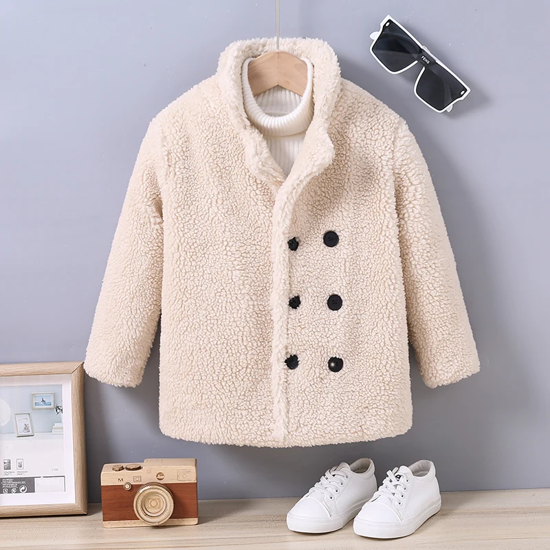 PatPat Toddler Girl/Boy Solid Classic Lamb Velvet Botton Design Lapel Coat