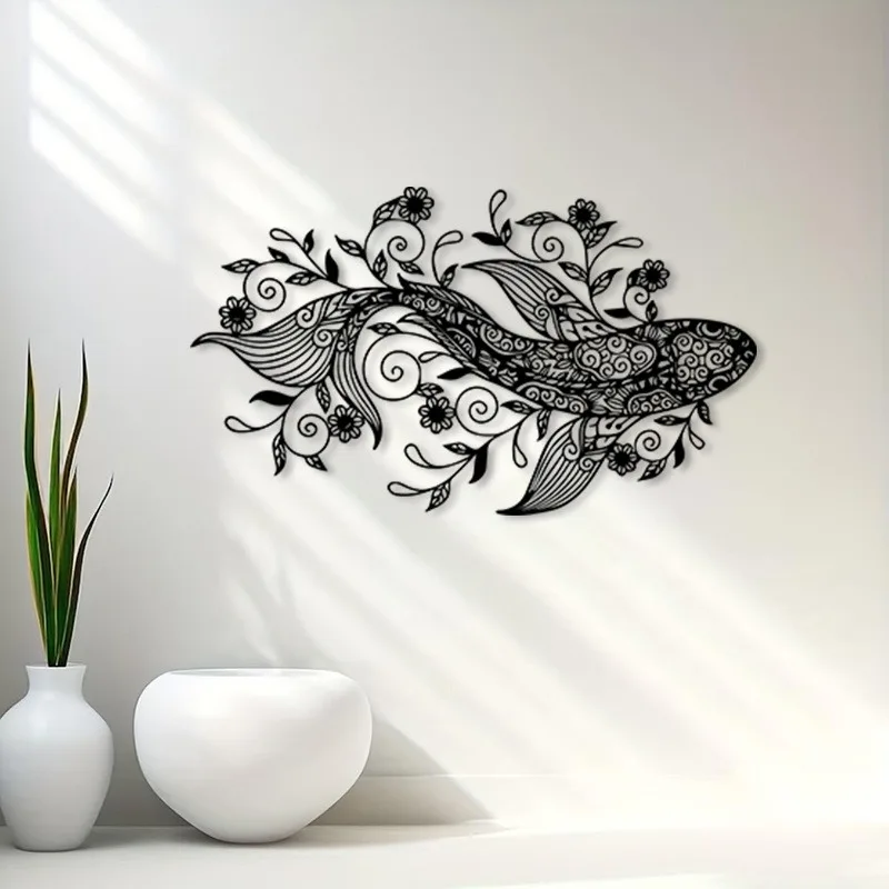 Vintage Koi Fish Mandala Metal Wall Art Asian Style Iron Mural Weather Resistant Sculpture Feng Shui Gift for Office Yoga Studio