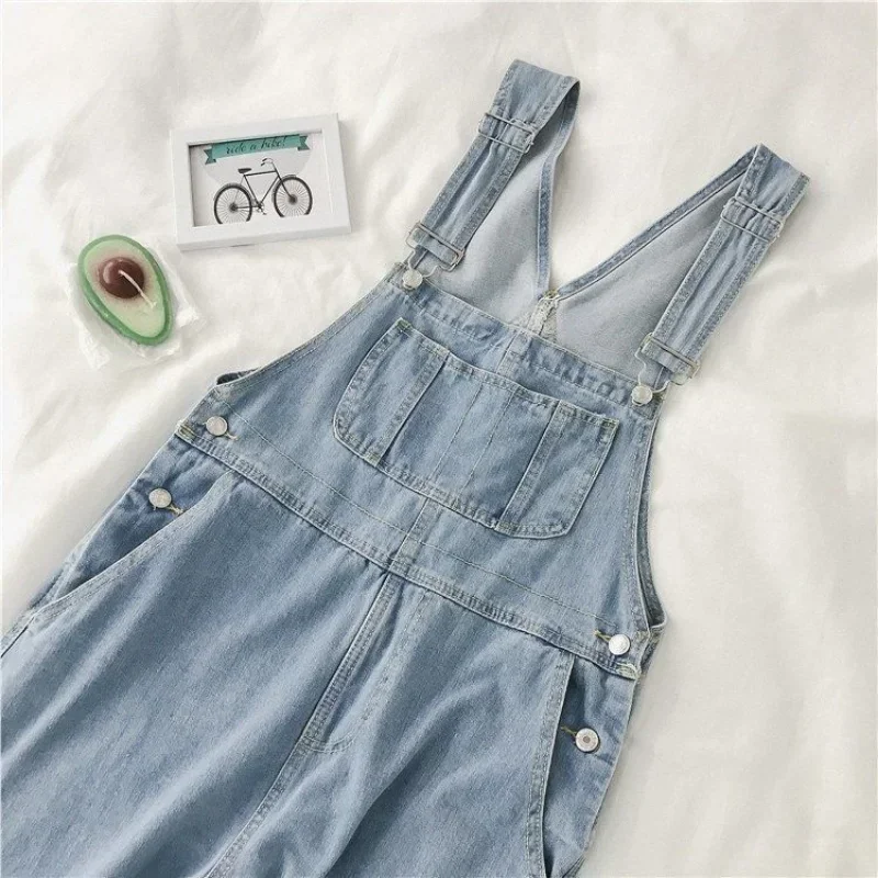 Jumpsuits ผู้หญิง Denim Blue Preppy สไตล์น่ารัก Chic ฤดูใบไม้ผลิใหม่วิทยาลัยแฟชั่น Distressed สายคล้อง Overalls เกาหลี Harajuku