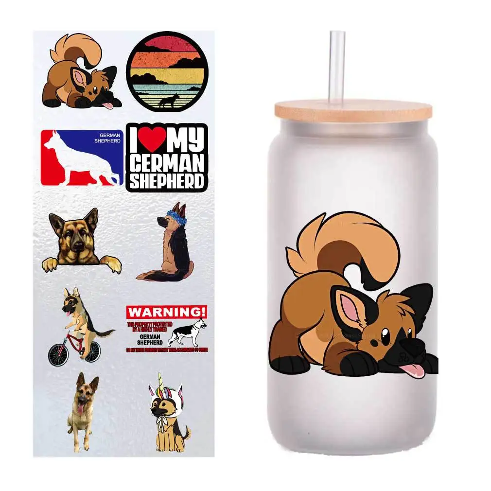 

10 pieces/pack cartoon fierce German shepherd UV transfer sticker Crystal label glass sticker customized four inches