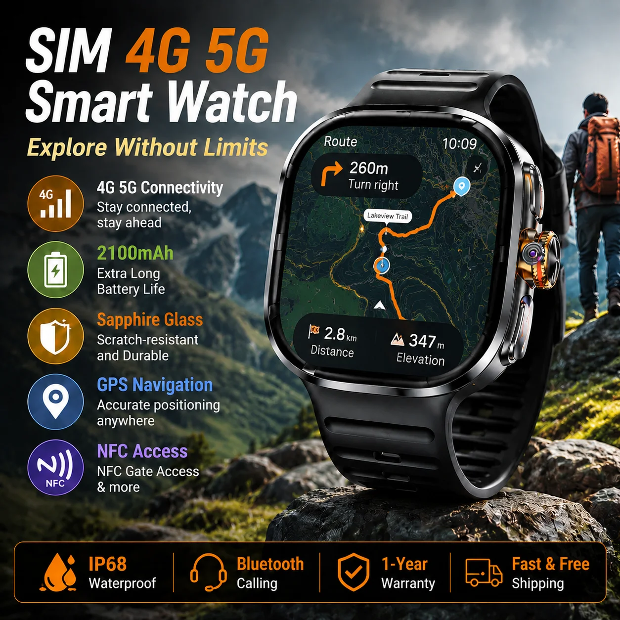 2026New 4G/5G SIM Card Smart Watch Rotate Camera Small Fast Internet 8+128GB NFC GPS WiFi Voice Call Google Play Smart Bracelet