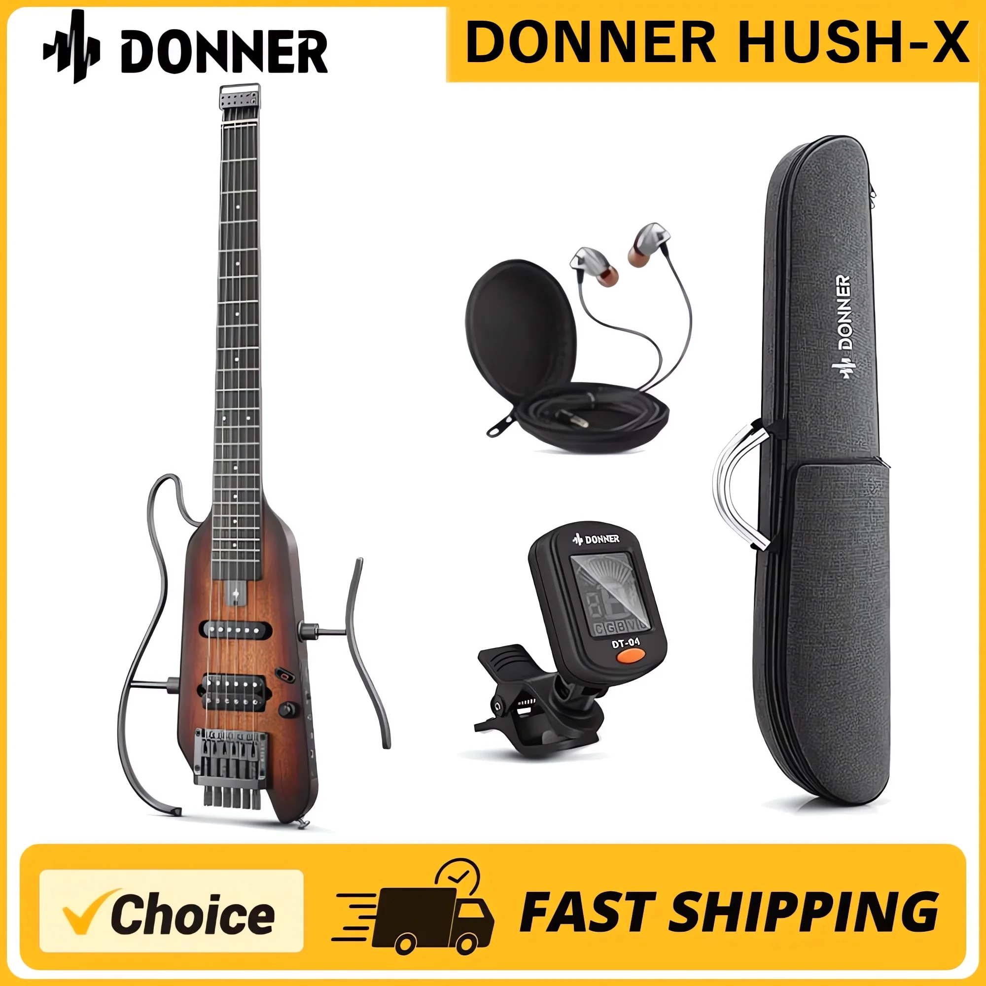 Donner HUSH-X Headless Silent Acoustic Electric Travel Guitar Removable Frames Ultra Light Mahogany Solid Body HUSH X