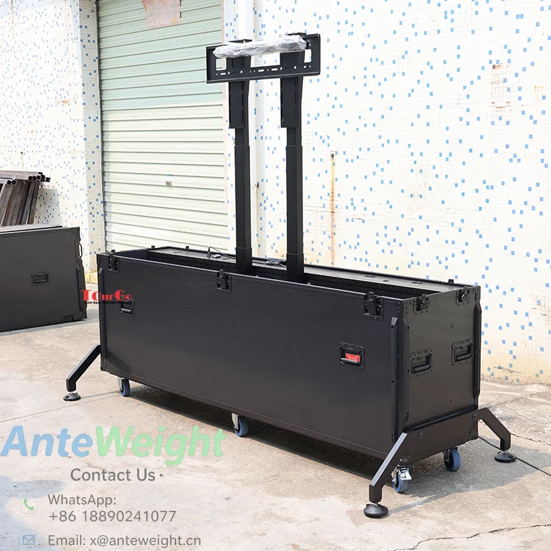 All in Black Motorised TV Lift Flight Case for 98inch Screens with Double Lifting Posts and Support Feet
