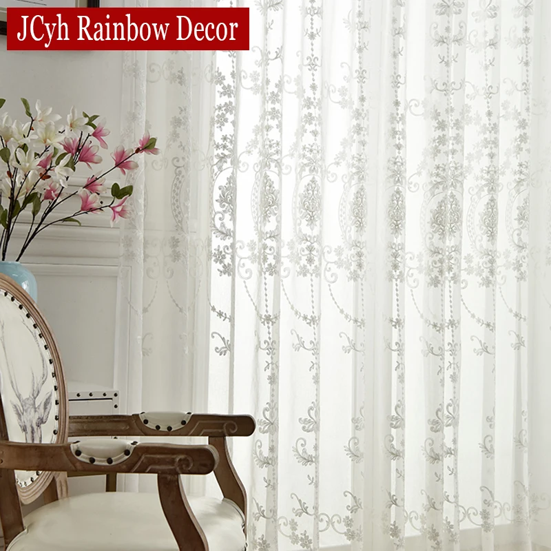 Embroidered White Tulle Curtains For Living Room Luxury Hall European Lace Voile Sheer Curtains For Window Bedroom Girl Drapes