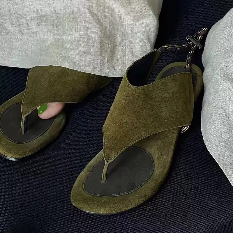 

Summer Suede Leather Round Toe Sandals Solid Color Low Heels Flats Buckle Shallow New Fashion Sexy Women Shoes