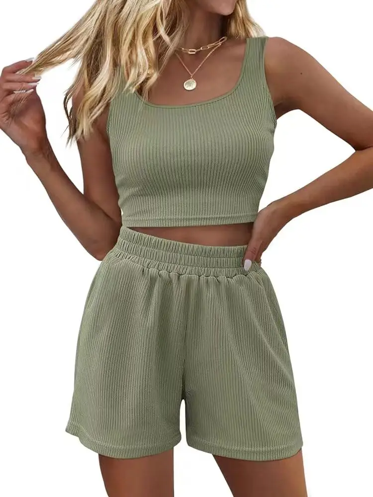 Summer Two Piece Summer Outfits Women Shorts Sets 2 Piece Sleeveless Matching Lounge Crop Top and High Waisted Short Pants Set