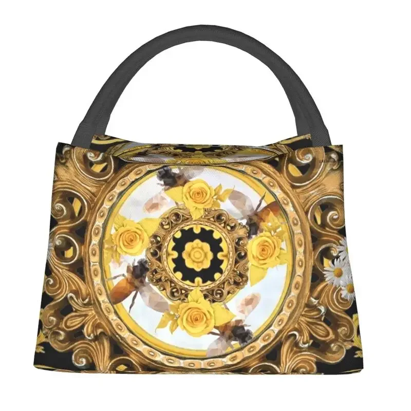 Yellow Rose And Bees Vintage Kitsch Baroque Scarves Thermal Insulated Lunch Bags Women Portable  Container Meal Food Box