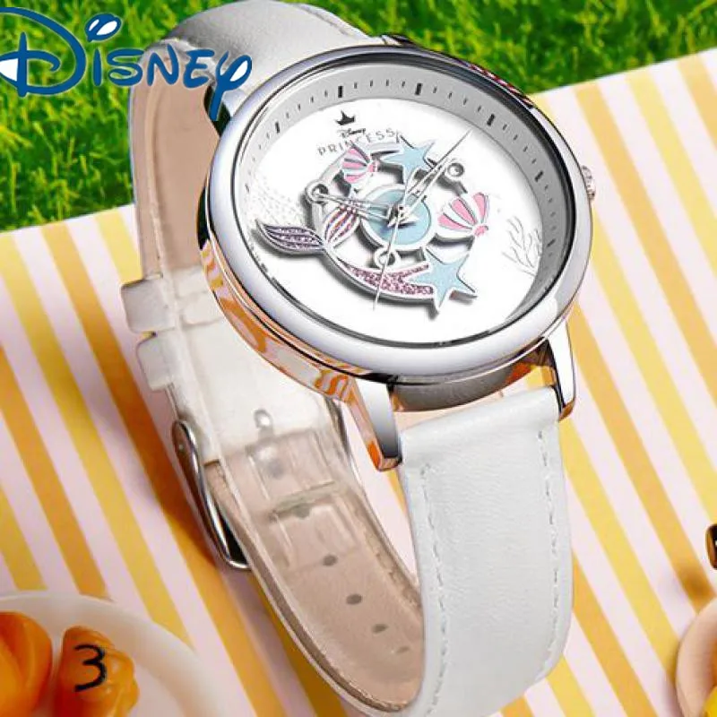 Disney For Women Watch Princess Mermaid 360-Revolving Cartoon Dial Quartz Wristwatch Girl Student Relogio Feminino Montre Femme