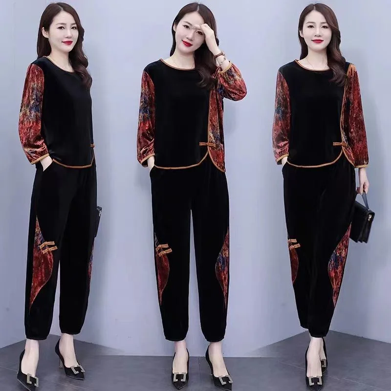 Casual Gold Velvet Mother Sets Spring Sportswear Two-Piece Sweatershirt Mid-Aged And Elderly Women's Autumn Pant Suits Black 4X