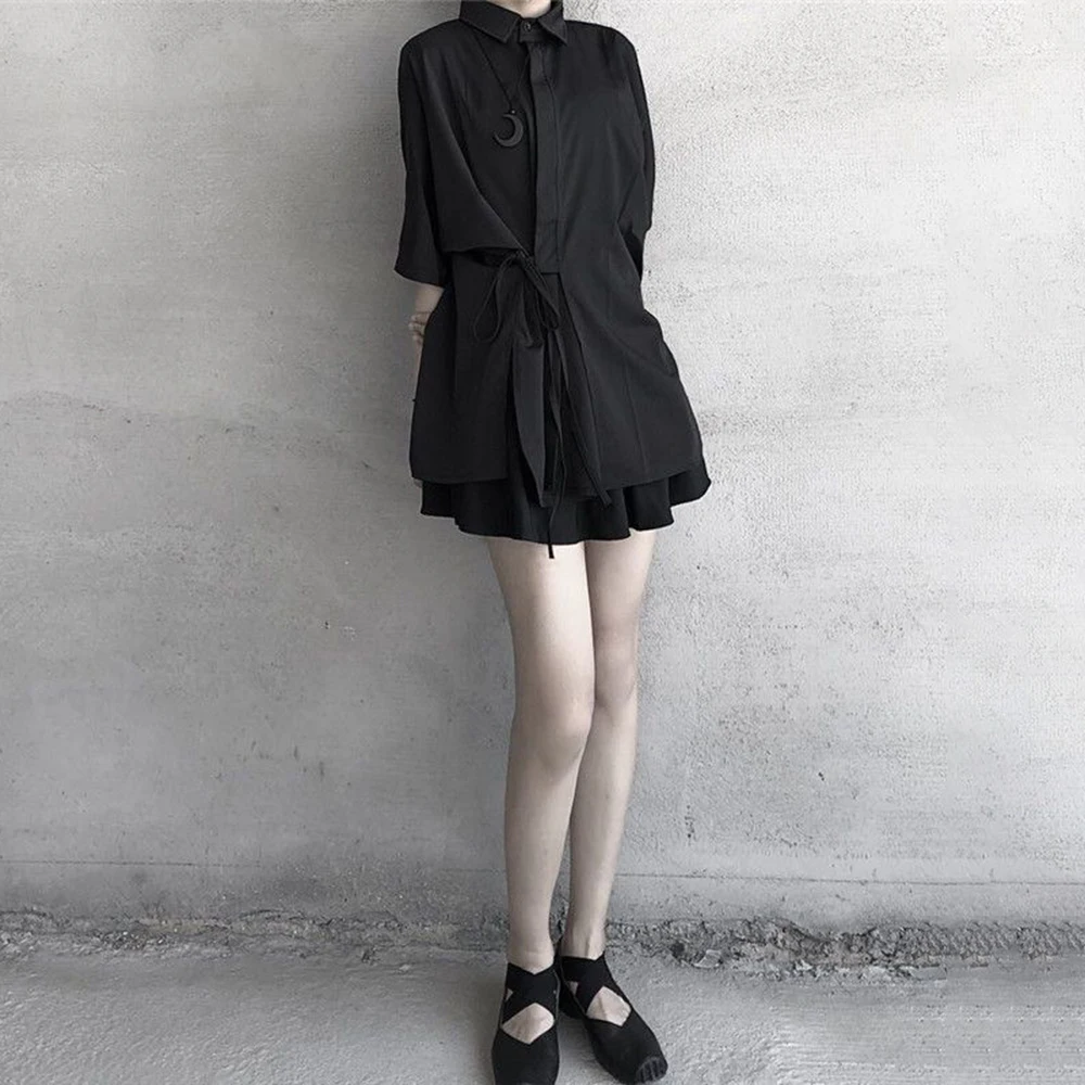 Mens Y2k Dark Japanese Tie Up Leisure Shirt Summer Streetwear Fashion Nightclub Niche Irregular Plain Short Sleeve Top 2026