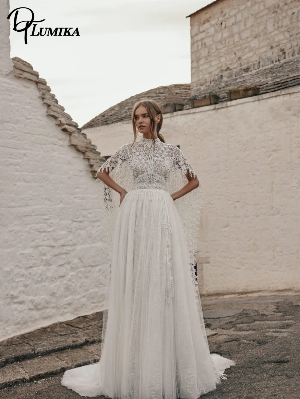 DTLumika High Neck Bohemian Wedding Dress 2027 Airy Circular Crochet Lace Cape Fringe Hem Layered Tulle Bridal Vestidos De Novia